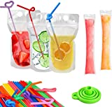 Ucio 100 Pcs Drink Pouches with 100 Straws, Juice Pouches with 30Pcs Disposable Freezable Ice Popsicle Mold Bags, Drink Pouches for Adults and Kids, Clear Pouch for Cold & Hot Drinks (100Pcs)