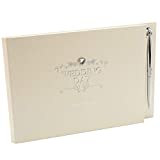 Happy Homewares Ivory Wedding Day Guest Book in Silver Plated Text and Diamante Heart Jewel with Beautiful Floral Decoration Includes Silver Pen - Ideal Wedding Gift