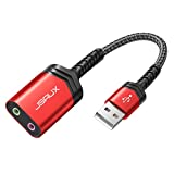 USB Audio Adapter, JSAUX External Stereo Sound Card, USB to 3.5mm Jack Audio Adapter with 3.5mm TRS Headphone and Microphone Jack Compatible with Windows, MAC, PC, Laptop, Desktops, PS5, PS4 -RED