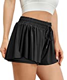 Trendy Queen Women's 2 in 1 Flowy Shorts Athletic Lounge Butterfly Running Shorts High Waisted Gym Summer Skirts Black