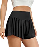 AUTOMET Womens Preppy Trendy 2 in 1 Flowy Butterfly Running Athletic Workout Shorts Summer High Waisted Yoga Tennis Skirts Black