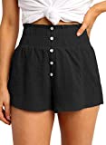 Dokotoo Womens Ladies Casual Soft High Waisted Shorts for Women for Summer Comfy Smocked Elastic Waist Summer Beach Button Detail Short Pants Solid Black Small