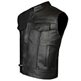 SOA Men's Leather Vest Anarchy Motorcycle Biker Club Concealed Carry Gun Pockets Single Back Panel Outlaws Black L