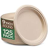 100% Compostable 9 Inch Paper Plates [125-Pack] Heavy-Duty Plate, Natural Disposable Bagasse Plate, Eco-Friendly Made of Sugarcane Fibers - Natural Unbleached Brown 9" Biodegradable Plate by Stack Man