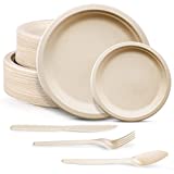 250pcs Compostable Paper Plates Set - Extra Long Utensils, Biodegradable Plates Heavy-Duty Paper Plates Cutlery Disposable Dinnerware Set for Party Camping Picnic Made of Sugar Cane Fibers