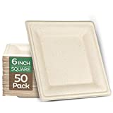 100% Compostable Square Paper Plates [6x6 inch - 50-Pack] Elegant Disposable Plates Heavy-Duty Quality, Natural Bagasse Unbleached, Eco-Friendly Made of Sugar Cane Fibers, 6" Biodegradable Plate