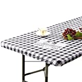 6ft Rectangle Elastic Fitted Tablecloth, Waterproof Spill-Proof Vinyl Table Cover Charcoal Grey Checkered Printed with Flannel Baking, Easy to Wipe Off Stains, Great for Picnic Party Outdoor Patio