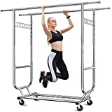 Raybee Clothes Rack Heavy Duty Clothing Racks for Hanging Clothes Rack,Commercial Clothing Rack Heavy duty Garment Rack Capacity 600 LBS,Adjustable Collapsible Rolling Clothes Rack on Wheels,Chrome