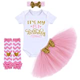 Its My 1/2 / 1st / 2nd Birthday Outfit Baby Girls Romper + Ruffle Tulle Skirt + Sequins Bow Headband + Leg Warmers Socks Party Dress up 4Pcs Photo Cake Smash Clothes Set Pink 1 Year