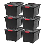 IRIS USA Plastic Storage Bin Tote Organizing Container with Durable Lid and Secure Latching Buckles, 53 Qt, 6 Count, Black & Red
