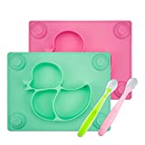 Baby Plates with Suction (2 Sets) - 2X Silicone Toddler Plates with Suction Plus 2X Silicone Baby Spoons for Toddlers, Babies and Infants (Pink &Green)