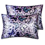 Silk Satin Pillowcase for Hair and Skin Soft Satin Pillow Cases Standard Size Pack of 2, Wrinkle, Fade-Resistant with Envelope Closure (20x26, Purple, Butterflies & Flower)