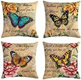 sistwon 18 x 18 Butterfly Pattern Throw Pillow Covers Vintage Style Home Decorative Cushion Cover, Set of 4 Farmhouse Spring Retro Butterfly Flowers Decorative Pillowcases,Brown(pillows-016)