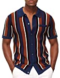 Mens Vintage Short Sleeve Knit Shirt Stripe Button Down Polo Shirt Royal Blue 2XL