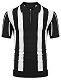 URRU Men's Vintage 60s Polo Shirts Contrast Stripes Golf Knitting Shirt Black L