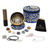 Tibetan Singing Bowl Set ~ 7 Chakra Crystal Stones and Rose Quartz Pendulum ~ Easy to Play with Fabric Case, Cushion, and Mallet ~ For Meditation, Yoga, Spiritual Healing, and Mindfulness