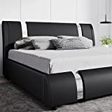 SHA CERLIN King Size Bed Frame with Iron Pieces Decor and Adjustable Headboard / Deluxe Upholstered Modern Platform Bed with Solid Wooden Slats Support / No Box Spring Needed, Black
