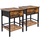 AMHANCIBLE Nightstands Set of 2, End Tables Living Room with Fabric Drawer and Storage Shelf, Night Stands for Bedroom, Industrial Bedside Tables Easy Assembly, Rustic Brown