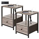 AMHANCIBLE End Tables Living Room Set of 2 with Charging Station, Nightstands with Storage Drawers and USB Ports & Power Outlets, Sofa Side Table for Small Spaces Bedroom Grey and Black