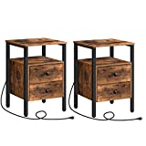 HOOBRO Nightstands Set of 2, End Table with Charging Station and USB Ports, Side Table with Drawers and Storage Shelf, Bedside Table for Small Spaces, Living Room, Bedroom, Rustic Brown BF431BZP201