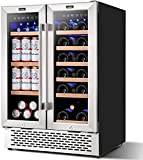 COLZER 24 inch Wine and Beverage Refrigerator Dual Zone Wine Cooler Under Counter Lockable 18 Bottles and 57 Cans Fridge Built in Freestanding for Beer Soda Drink Bar Kitchen Cabinet Commercial