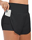 Womens Lined Athletic Shorts High Waisted Running Shorts with Pockets Quick Dry Gym Workout Shorts(#1 Black,Medium)