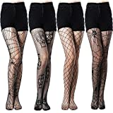 SATINIOR 4 Pieces Skull Stockings Fishnet Tights Halloween Stockings Lace Spider Web Stockings Skull (Vivid Style), 0-1