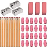 #2 HB Pencils, Wood-cased Pencils With Eraser Tops, 12 Pack - With 36 Pink Cap Erasers - With 4 Large Erasers - 100% Latex Free - Value Pack