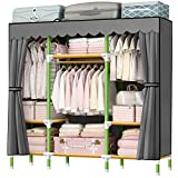 YOUUD Portable Closet 57 Inch Wardrobe Closet Clothes Organizer with 3 Storage Shelves and 3 Hanging Rods, Cloth Closet of Colored Rods Grey Cover Quick and Easy to Assemble,Strong and Durable