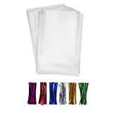 200 Clear Treat Bags 6x9 with 4" Twist Ties 6 Mix Colors - Thick OPP Plastic Cello Bags for Wedding Cookie Birthday Cake Pops Gift Candy Buffet Supplies (6'' x 9'')