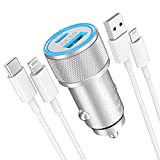 [Apple MFi Certified] iPhone Fast Car Charger, Veetone 38W Dual Port USB C Power Delivery All Metal Car Adapter with 2 Pack Lightning Cable, PD/QC 3.0 Type C Rapid Car Charging for iPhone/iPad/Airpods