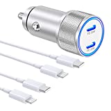[Apple MFi Certified] iPhone Fast Car Charger, IDiSONCABLE 40W 2-Port PD 3.0 USB C Car Charger All Metal Cigarette Lighter Adapter with 2 Pack Type C to Lightning Cable for iPhone/iPad/Airpods Pro