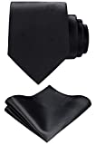 TIE G Solid Satin Color Formal Necktie and Pocket Square Sets in Gift Box (Black)