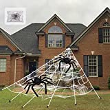 Pawliss Halloween Decorations, 16 Ft Giant Dense Spider Web with 2 Pack 30 inches Spiders Set, Halloween Outdoor Yard Decor, White