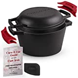 Cast Iron Dutch Oven - 3-Quart Deep Pot - Pre-Seasoned 2-in-1 Multi-Cooker - Combo Lid Doubles as 8"-inch Skillet Frying Pan + Silicone Handle Covers + Scraper/Cleaner - Great Set for Baking Bread - Indoor/Outdoor Cookware, Grill, Camping, Kitchen Electric or Gas Stove Cooking, Fryer