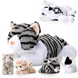 5 Pieces Cat Stuffed Animal Plush Cat Set Include Large Soft Cuddly with 4 Cute Fluffy Plush Kittens in Mommy Cat's Belly Nurturing Cat Huggable Sleeping Birthday Gifts (Gray)