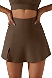 QINSEN Woman's Tennis Skirts Inner Shorts Elastic Sports Golf Skorts for Running Exercise Brown L