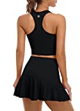 ATTRACO 2 Piece Pleated Tennis Skirts for Women Golf Sport Outfits Skorts Sets Workout Running Athletic Exercise Dresses Black