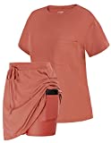 Womens Tennis Shirts Short Sleeve Set High Waist Golf Skirt with Shorts Pockets Activewear (Terra Cotta L)