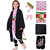 Deaboat Tanjir Sister Cosplay Costume Outfit Black Robe Pink Kimono Uniform with Full Cosplay Set for Girls Kids Halloween (Pink, 120)