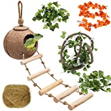 HERCOCCI Leopard Gecko Tank Accessories, Coconut Shell Ladder Hideout Hole Reptile Climbing Vine Habitat Decor with 3 Pieces Colorful Plastic Plants for Chameleon Lizard Snake Hermit Crab