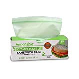 Responsible Products Certified Compostable SANDWICH Resealable Zip Bag, Extra Strength Food Bags, Plant-Based Freezer-Safe (50 Pack)