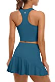 ATTRACO 2 Piece Pleated Tennis Skirts for Women with Pockets Golf Sports Outfits Skirt Sets Skorts Running Activewear Dresses Blue