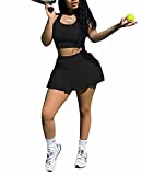 Running Workout Skater Skirt Set - Sexy Crop Tank Shirts Pleated Golf Skorts Skirt Set Casual Tracksuit 2 Piece Activewear Black L