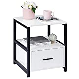 VECELO Modern Nightstand with Drawer Square End, Side Table for Bedroom, Living Room, Small Space, Night Stand with Open Shelf, Stable Metal Frame, 1 Pack, White&Black