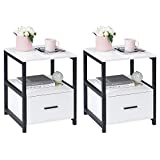 VECELO Nightstand Set of 2 with Drawer Modern Square End Side Table for Storage Open Shelf in Bedroom, Living Room, Small Space, Stable Metal Frame, White&Black, 2 Pack