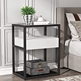 Tribesigns Nightstand Tall Side Table, Modern Simple Style End Table with Drawer and Shelf, Tempered Glass Bedside Table, Metal Frame, 19.6X15.7X27.5 (Black and White)