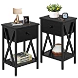 VECELO Modern Versatile Nightstands X-Design Side End Table Night Stand Storage Shelf with Bin Drawer for Living Room Bedroom, Set of 2 (Black)