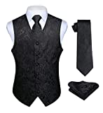 HISDERN Men's Classic Black Vest Tie Set Paisley Printed Jacquard Necktie Pocket Square Handkerchief Waistcoat for Wedding Prom Dress or Tuxedo