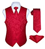 HISDERN Men's Vest Tie Set Paisley Floral Jacquard Formal Silk Necktie Pocket Square Waistcoat for Suit or Tuxedo Red